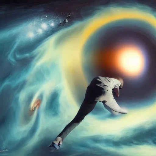 Image similar to man falling in a black hole, oil painting, pale colors, high detail, 8 k, wide angle, trending on artstation,