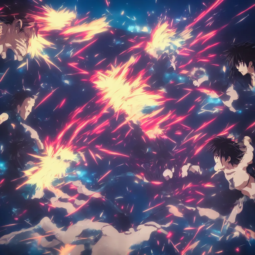 Prompt: a fight of two anime characters punching each other, deep rich colors, surreal, 8 k, award winning, digital art, vray, blur, cinematic, neon, cyberwave, hayao miyazaki, makoto shinkai and ilya kuvahinov