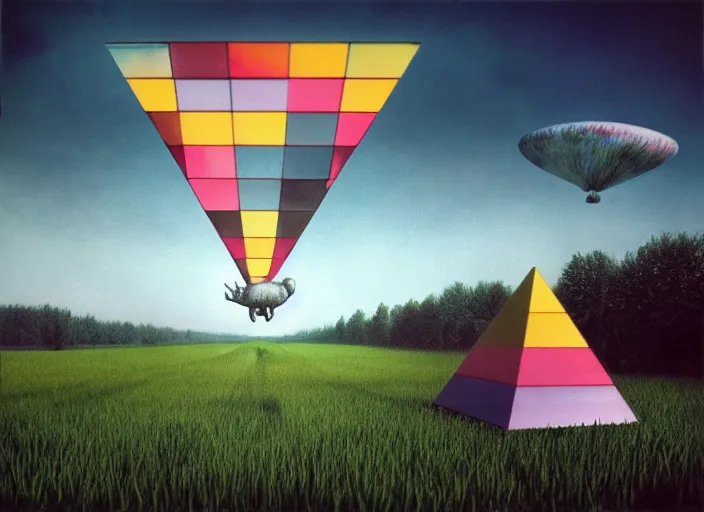 Prompt: A glass pyramid prism rendered in Unreal Engine, faded grey muted wash of distant pastel colors. An unraveling scroll of orchestral sheet music staff swirls through the sky. Enormous, inflatable flying pig in the style of Pink Floyd Animals LP cover. By Storm Thorgerson. Cryengine, Raytracing, Psychedelic.