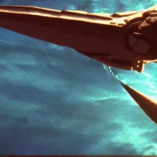 Image similar to movie still from independence day (1996), rendering of jennifer lawrence flying an alien ship,