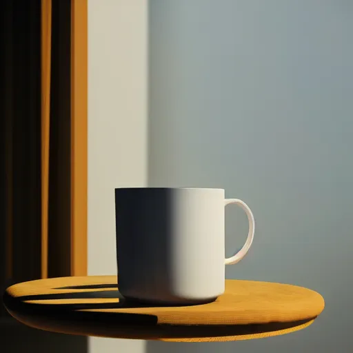 Image similar to White mug, hyperrealism, diffuse shadows, colored lighting, golden hour, unreal engine 5 tech demo, octane render, Frank Lloyd Wright ((Studio Ghibli))
