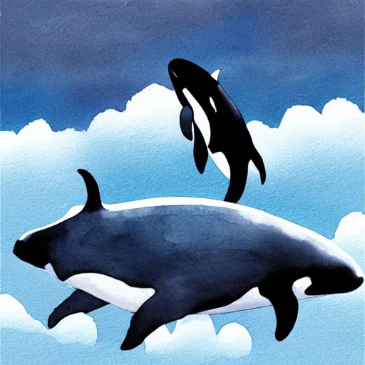 Image similar to “An orca jumping out of a sea of clouds” as digital art, watercolor, and pixel ar