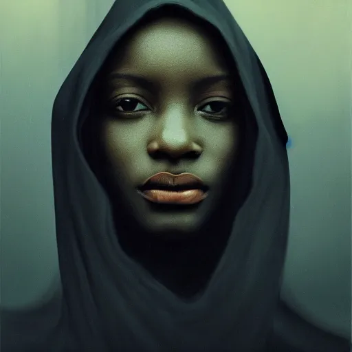 Image similar to a portrait of a young black woman wearing a long dark cloak, hood and shadows covering face, anatomically correct, beautiful perfect face, enigmatic, oil painting, matte painting, black background, Volumetric Golden dappled dynamic lighting, Highly Detailed, Cinematic Lighting, Unreal Engine, 8k, HD, by Beksinski