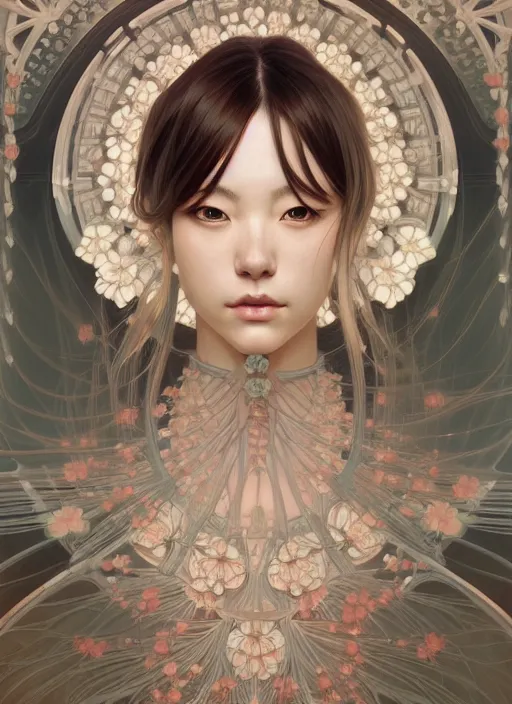 Image similar to symmetry!! portrait of floral! hitomi kisugi psycho, intricate, elegant, highly detailed, digital painting, artstation, concept art, smooth, sharp focus, illustration, art by artgerm and greg rutkowski and alphonse mucha, 8 k