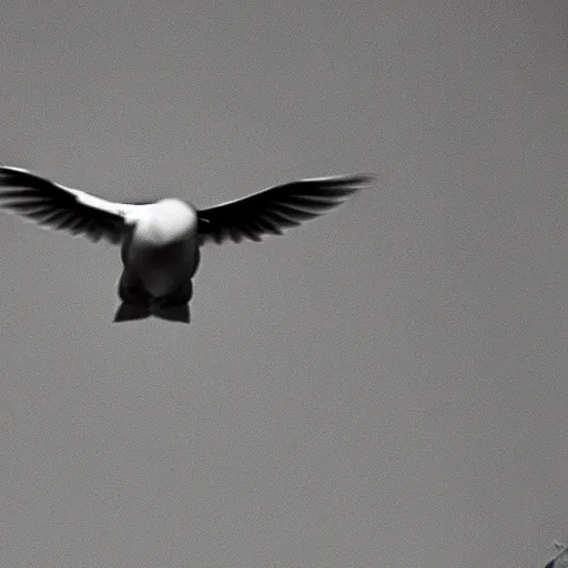 Image similar to a realistic photo of a dove flying in a completely black room, 8k, film grain, highly detailed