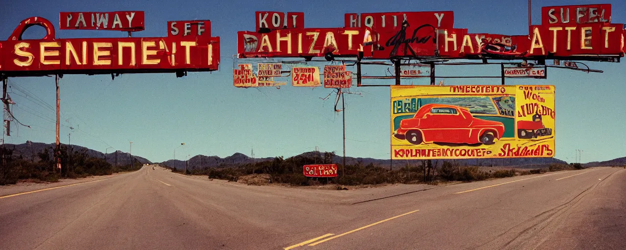 Image similar to highway advertisements promoting spaghetti, highway 5 0, arizona, sunset, canon 2 0 mm, shallow depth of field, kodachrome, in the style of wes anderson