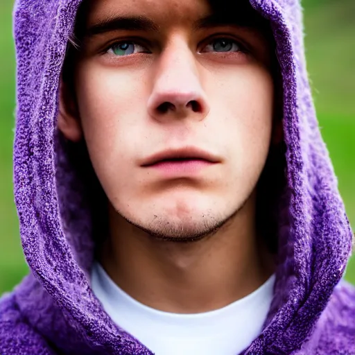 Image similar to close up of face of a 1 8 year old man, with white hair, green eyes, wearing a purple hoodie, lazy, 8 5 mm f / 1. 4