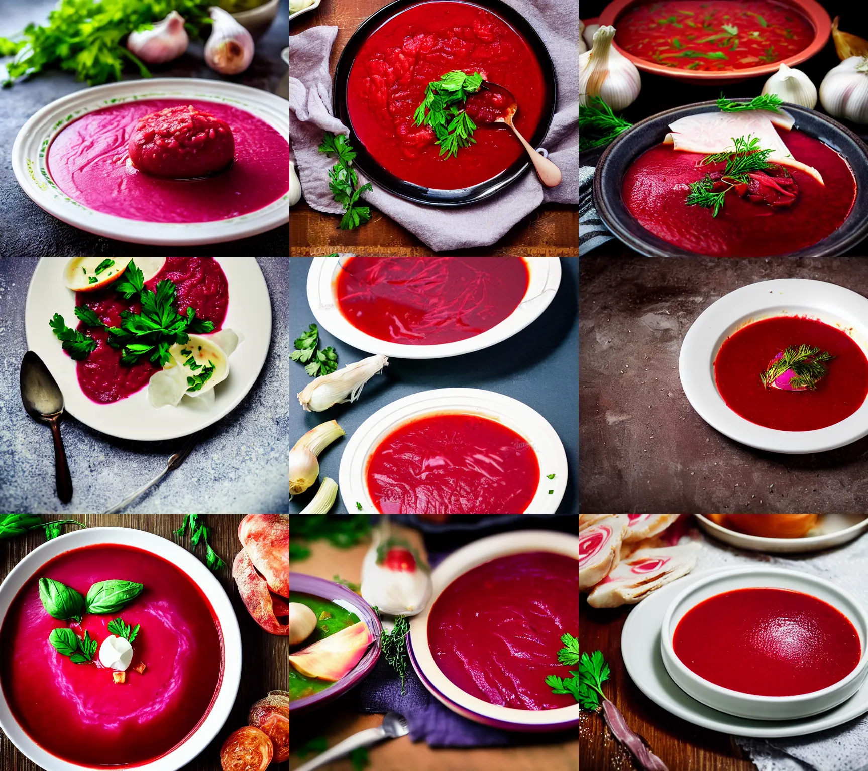 Prompt: plate of borscht with pampushka and sliced salo, hyper realistic, extremely detailed, food photo, photorealism, garlic on background, side view, bokeh, epic lightning, yamy!!