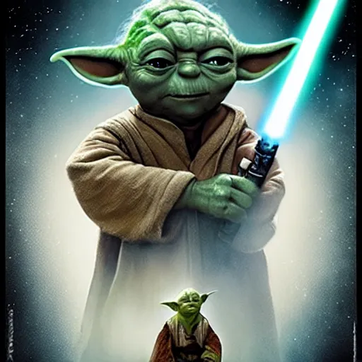 Image similar to poster for Star Wars but every character is Yoda