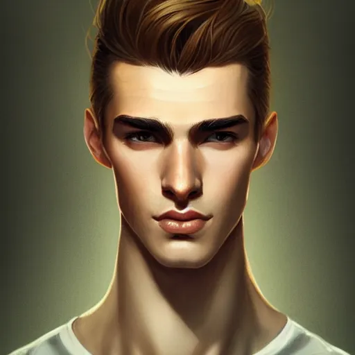 Image similar to tall man in his twenties with brown blond short quiff hair and round facial structure with cleft chin, straight eyebrows, cheekbones, big hazel nut brown eyes, atmospheric lighting, painted, intricate, 4 k, highly detailed by charlie bowater