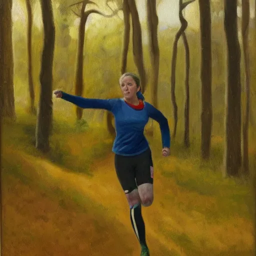 Prompt: a female orienteer wearing a yellow long - sleeved shirt and black tights runs in the forest, oil on canvas.