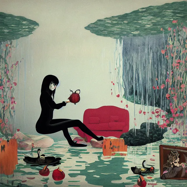 Image similar to emo catgirl artist in her flooded lounge room, painting of flood waters inside an artist's loungeroom, a river flooding indoors, pomegranates, pigs, ikebana, zen, water, octopus, river, rapids, waterfall, black swans, canoe, berries, acrylic on canvas, surrealist, by magritte and monet