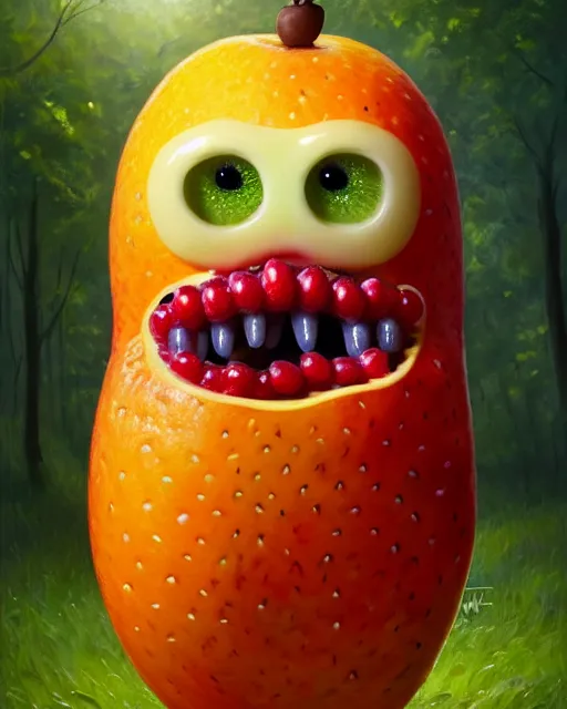 Image similar to portrait of a cute fruit figurine monster made of different fruit, standing in a forest, staring wide open eyes, open mouth, very detailed eyes, trees in the background, sunlight, oil painting, highly detailed, dramatic lighting, hyperrealistic, 8 k, smooth, intricate, artstation, cgsociety, by artgerm, by wlop
