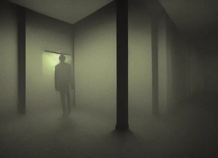 Image similar to man in a luminous yellow [ liminal room ]!!, 4 k photorealism, horror - esque, eerie atmosphere, dark - bright lighting