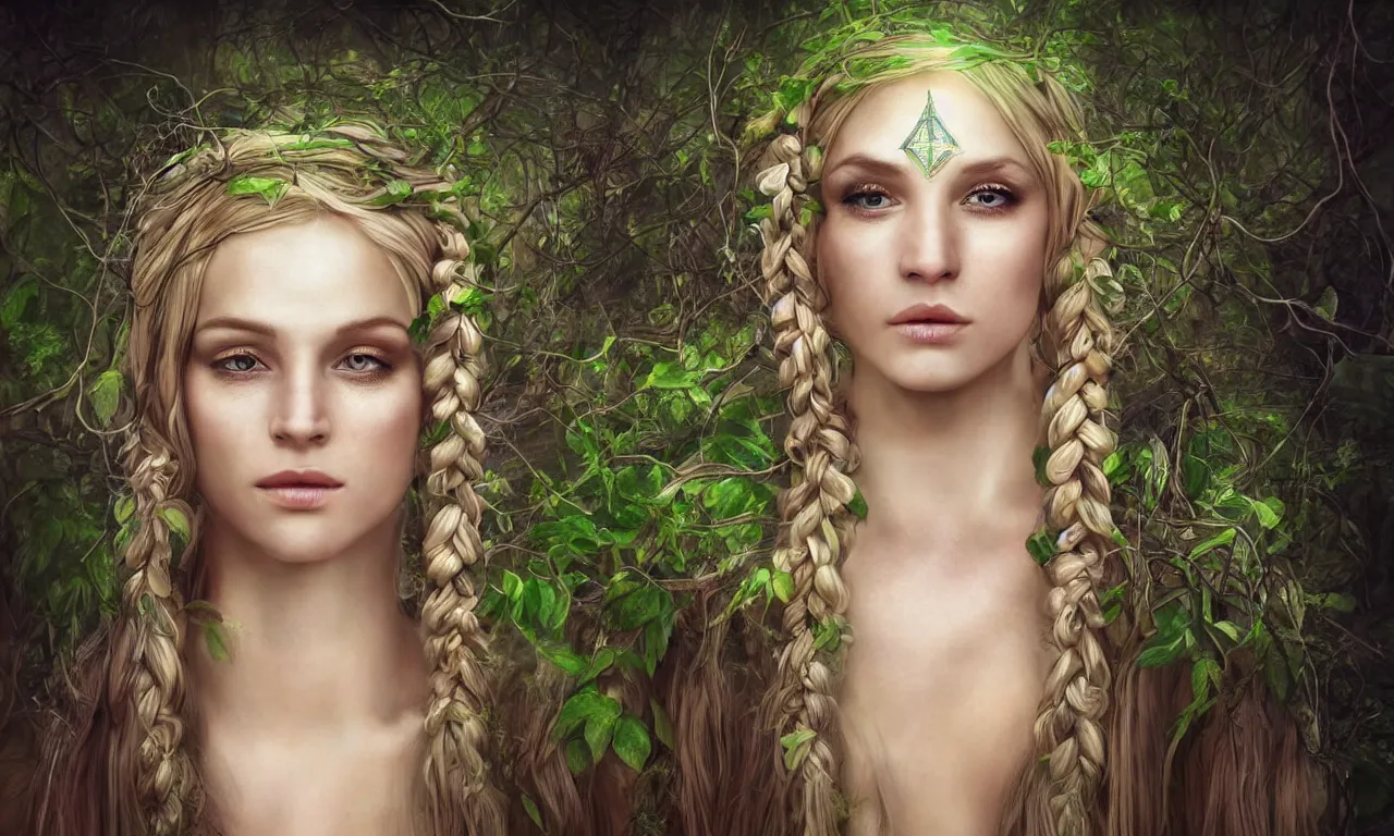 Prompt: beautiful blonde woman with plaits, hand eye, vines, third eye on forehead, forest fae, psychedelic mushrooms, magic, mystical, white witch, photorealistic, portrait, sacred geometry