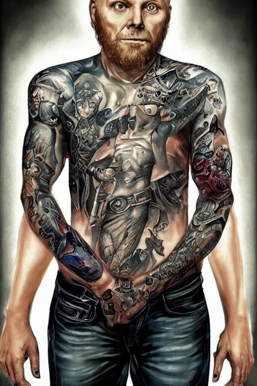 Image similar to Portrait of Bill Burr frontal standing pose torso as a very attractive man heavily Tattoed, all his skin is covered by BIKER tattoos, surrounded by magic lightings overlays, Intricate, concept art, magic lighting overlays, magical portal opened, D&D!, fantasy style, sharp focus!, ultra detailed, art by Artgerm and Peter Andrew Jones, WLUP, Magali Villeneuve