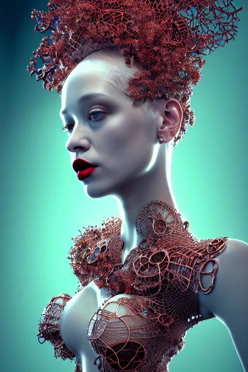 Image similar to complex 3 d render, hyper detailed ultrasharp beautiful biomechanical mandelbrot fractal steampunk filigree mesh wire female cyborg portrait with a porcelain profile face, albino afro, red lips, rim volumetric lights, elegant crown with hydrangea foliage leaves stems roots, alexander mcqueen haute couture, art nouveau fashion, hyperrealistic, octane render, 8 k