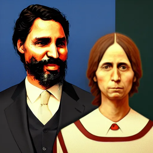 Image similar to Justin Trudeau with Jagmeet Singh in the american gothic painting, concept art, sharp focus, highly detailed digital painting by Gustave Corbet, artstation