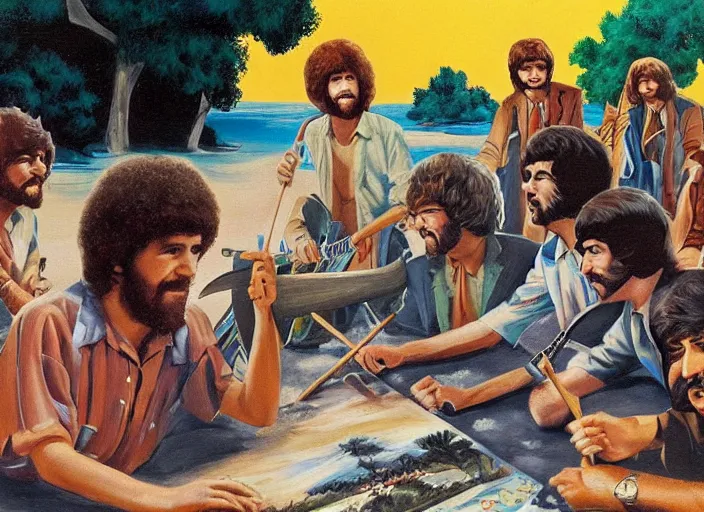 Prompt: bob ross painting a scene of the beatles and the beach boys having a battle of the bands in hades