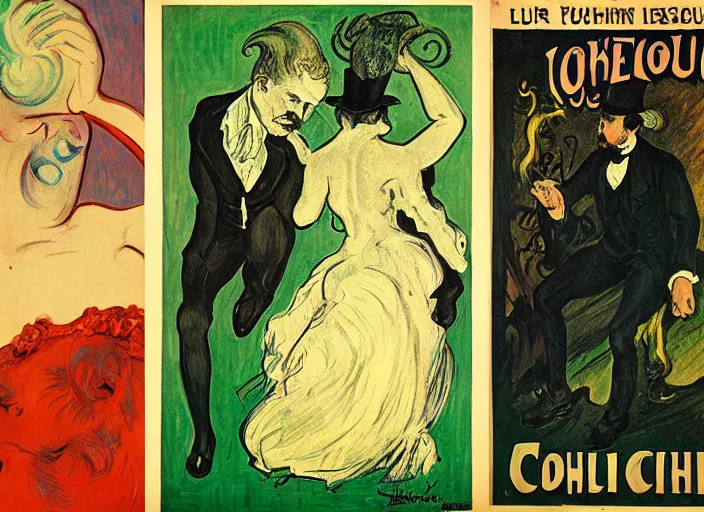 Image similar to promotional posters for Cthulu's debut show in Paris, 19th century, art noveau, fin de siecle, Toulouse Lautrec, absinthe