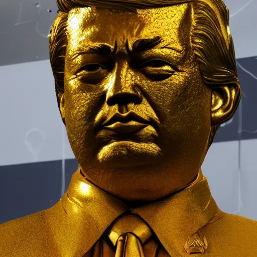 Prompt: melting gold bust of alternate reality leader trump jong - un, the statue is melting with drips of molten metal falling like lava, ground angle, uhd 8 k, sharp focus