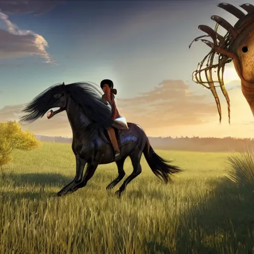 Prompt: The black-haired young witch travels on her horse to the land of dreams among dinosaurs, unreal engine 4