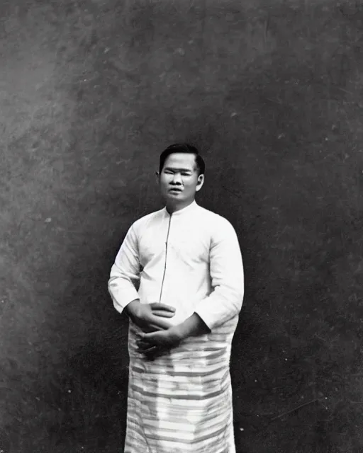 Prompt: 1800's photograph of a heavily pregnant young handsome!! Filipino man wearing a Barong Tagalog, high quality image