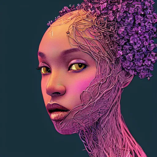 Prompt: the head of an unbelievably elegant and beautiful black woman partially made of potatoes roots and violets, an ultrafine detailed illustration by james jean, final fantasy, intricate linework, bright colors, behance contest winner, vanitas, angular, altermodern, unreal engine 5 highly rendered, global illumination, radiant light, detailed and intricate environment