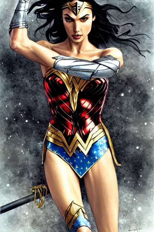 Image similar to Gal Gadot as Wonder Woman with athletic body, illustration by Luis Royo