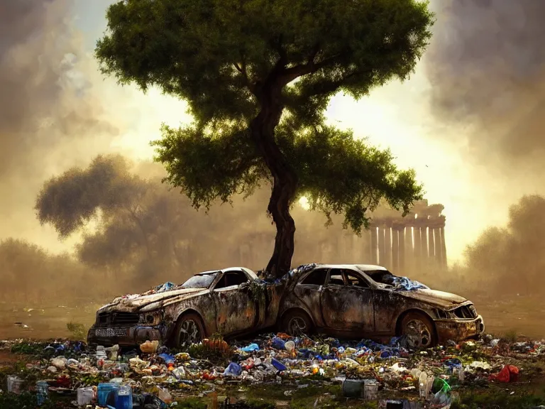 Prompt: a tree growing on a scrap car in ancient greek ruins, gray wasteland, many scrap cars, trash, rubble, overgrown, pillars and arches, colorful flowers, vines, hyperrealistic, highly detailed, cinematic, ray of golden sunlight, beautiful, cgsociety, artstation, 8 k, oil painting by greg rutkowski, by artgerm, by wlop