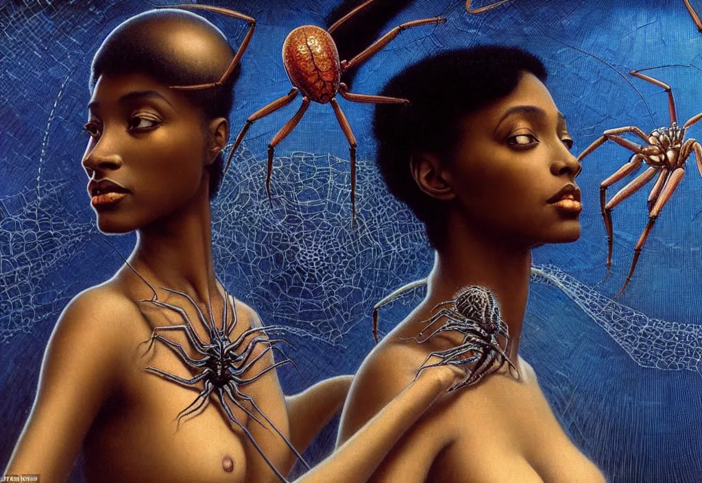 Image similar to realistic detailed portrait movie shot of a single beautiful black woman in a transparent sheer fabric dress dancing with a giant spider, futuristic sci fi landscape background by denis villeneuve, jean delville, yves tanguy, ernst haeckel, alphonse mucha, max ernst, caravaggio, roger dean, sci fi necklace, masterpiece, dreamy, rich moody colours