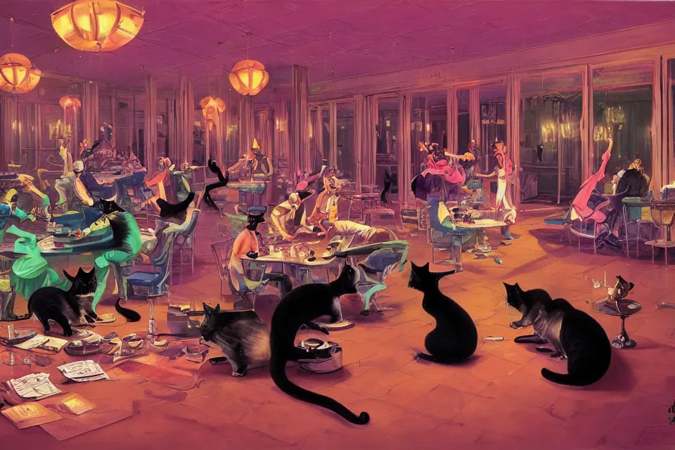 Image similar to cats rolling dice with the rats, neon ballroom, by syd mead, john kricfalusi