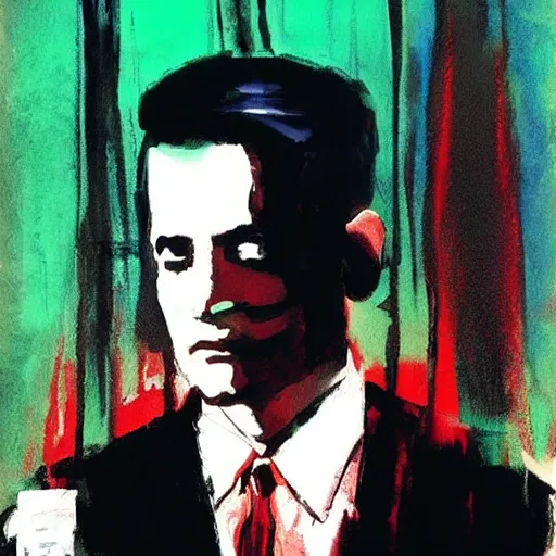 Prompt: painting by bill sienkiewicz of agent dale cooper standing in the black lodge in twin peaks, wide shot