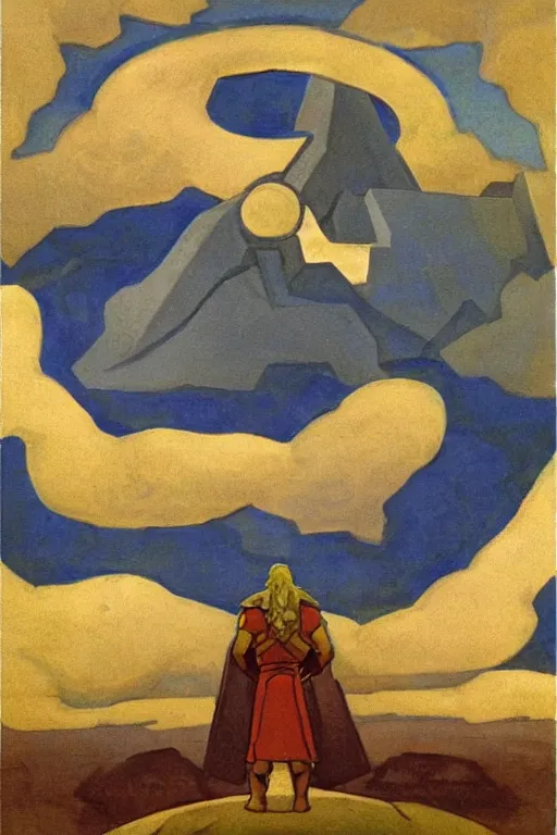 Image similar to thor, marvel, artwork by nicholas roerich,