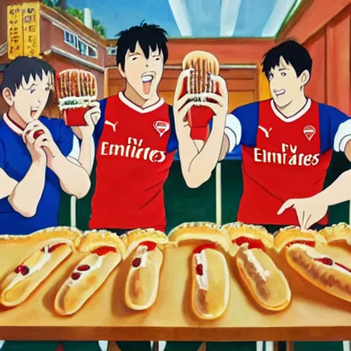 Prompt: a painting portrait of arsenal players eating hot dogs, studio ghibli,