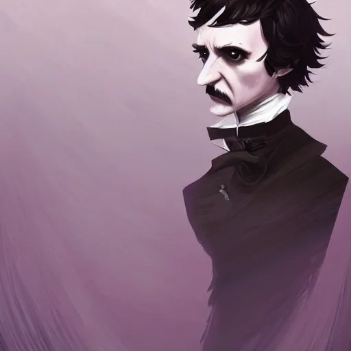 Prompt: Edgar Allan Poe as The Raven, a haunting being that is part man and part bird, his nose is a black beak, ambient lighting, 4k, anime key visual, lois van baarle, ilya kuvshinov, rossdraws, artstation