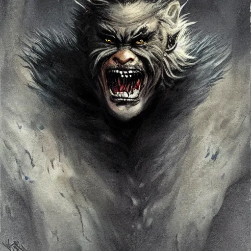 Image similar to werewolf lycanthrope monster makeup grinning one-eyed grimpunk vile reprobate portrait portrait Cyclops Cyclops Polyphemus with tombow odd nerdrum greg rutkowski frank frazetta alexandre briclot Dave Dorman splatterpaint