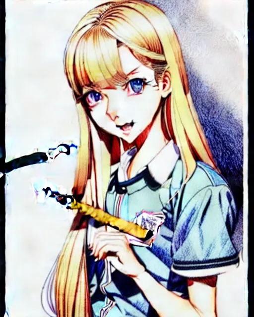 Image similar to depicting a young mischievous female prep school student with medium length bright blonde hair and pale skin, in an old study room smoking her dad's cigarettes, complex artistic color ink pen sketch illustration, subtle detailing, illustrated by Artgerm and Range Murata.