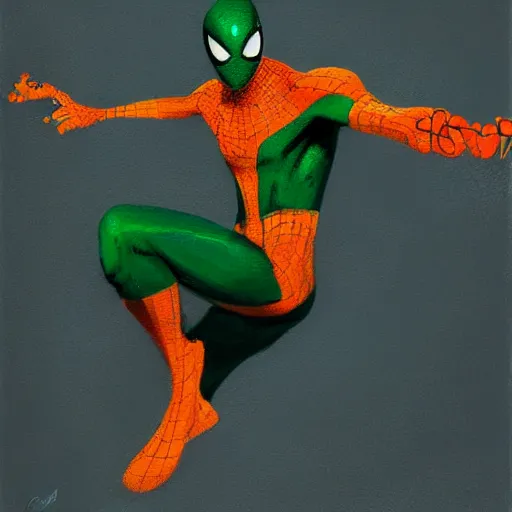 Image similar to an orange and green spiderman by greg rutkowski