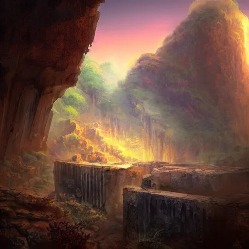 Image similar to ancient ruins in a canyon, retrowave epic art, trending on art station