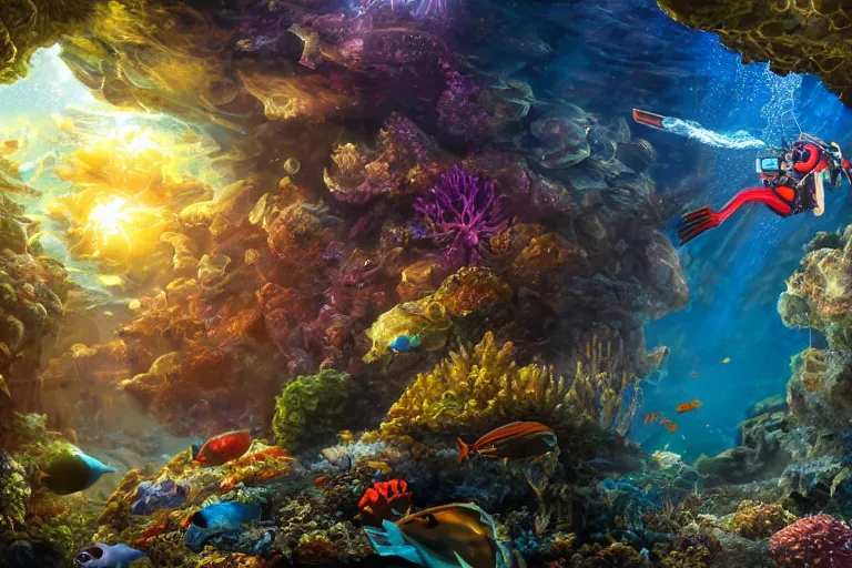 Prompt: an epic landscape view of a scuba diver with a shining headlamp exploring atlantis, chrome and gold, colorful fish and sea creatures, painted by tyler edlin, close - up, low angle, wide angle, atmospheric, volumetric lighting, cinematic concept art, very realistic, highly detailed digital art