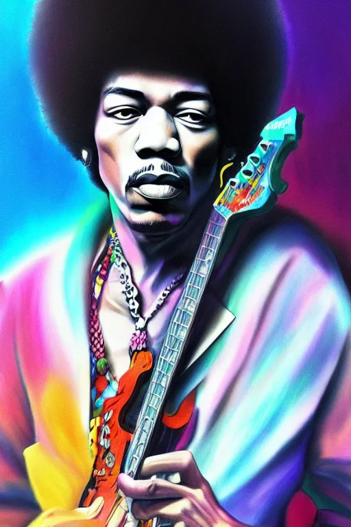 Image similar to jimi hendrix, photorealistic face 4 k digital paint by studio ghibli hayao miyazaki. vivid colours, vaporwave lighting style, very sharp and detailed. trending on artstation and behance.