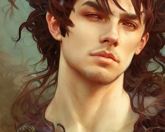 Prompt: up close portrait of a handsome male fae looking off to the side, d & d, face, fantasy, intricate, elegant, highly detailed, digital painting, artstation, concept art, smooth, sharp focus, illustration, art by artgerm and greg rutkowski and alphonse mucha