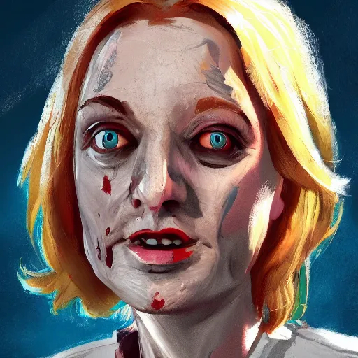 Image similar to painting of liz truss in racoon city full of zombies, hd, 4 k, 8 k artstation,