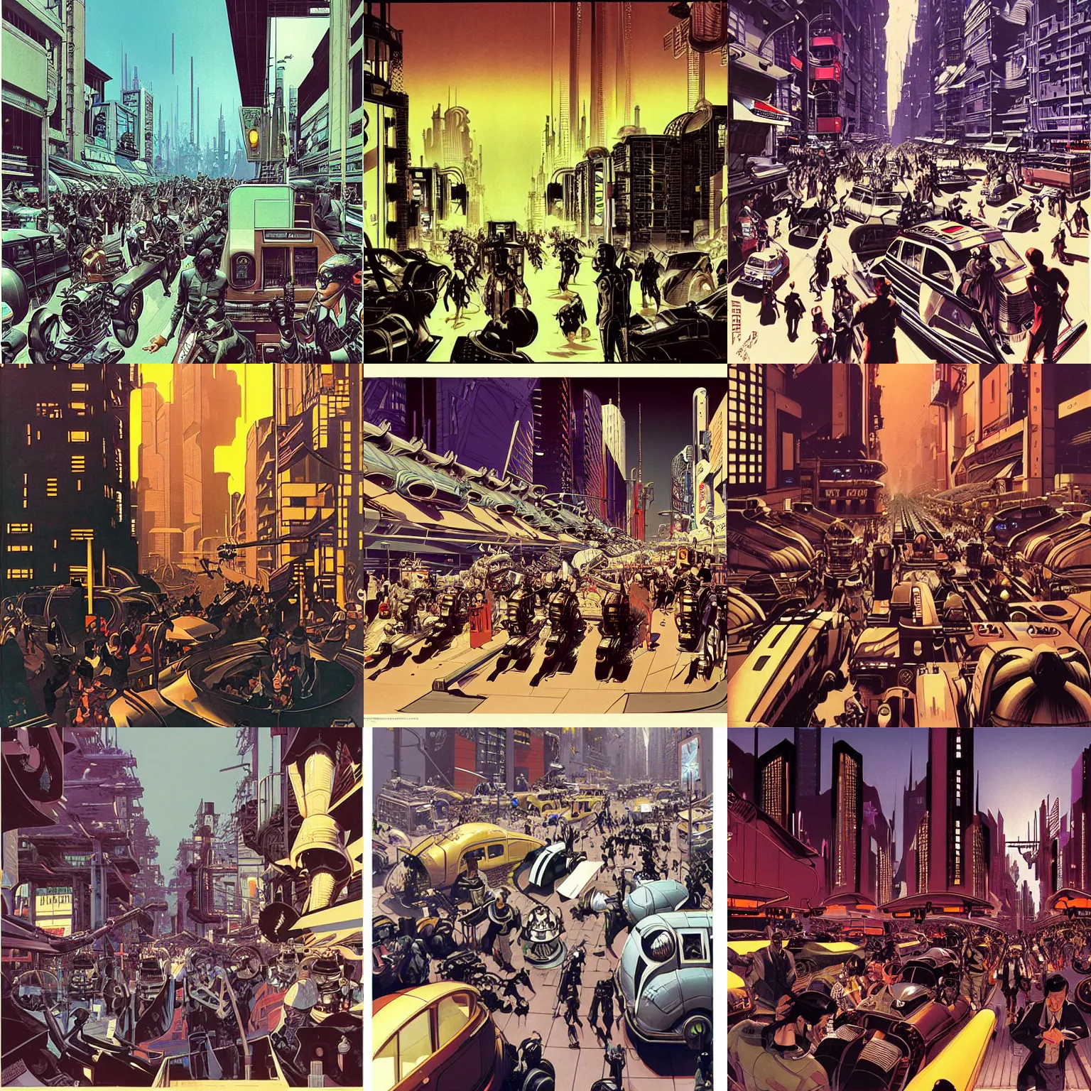 Prompt: retrofuturistic dieselpunk city street crowded with cyborgs by syd mead and terada katsuya