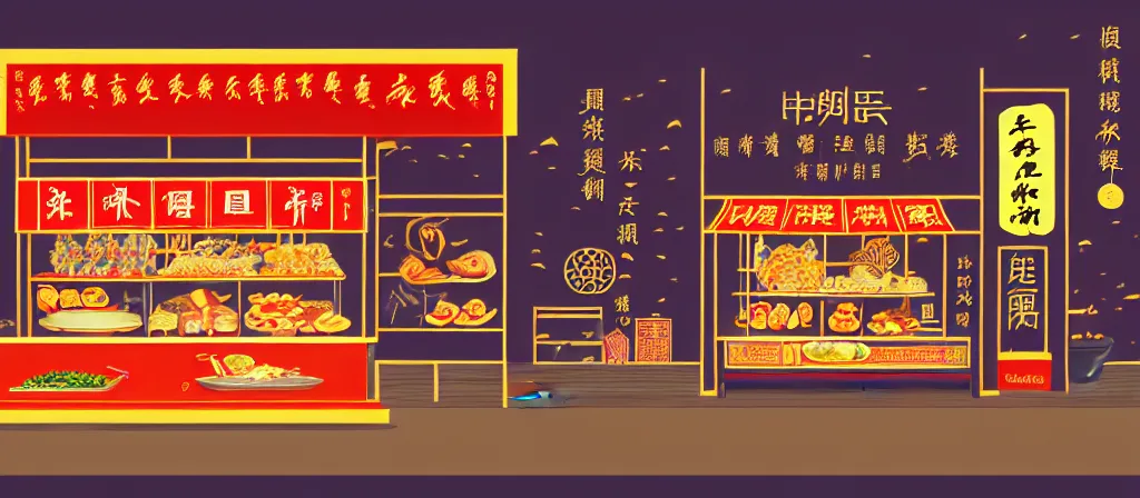 Prompt: a beautiful simple 4 k hd illustration of interior view display of the corner of street side roasted string hotpot small shop, simple style, from china, with merchant logo, simple structure, surrealistic, chinese style, victo ngai, james jean, denoise, deblurring