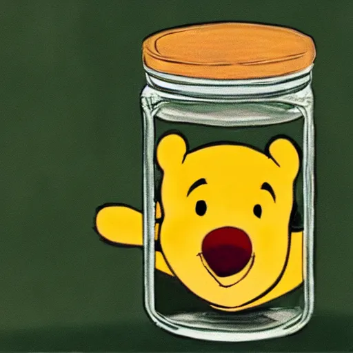 Prompt: winnie the pooh, opening a jar of pickles, realistic art style