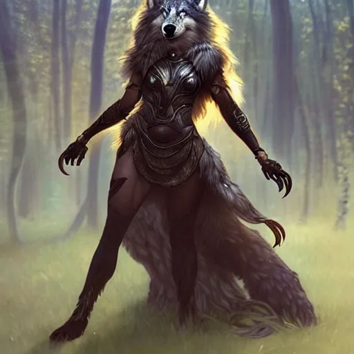 Image similar to long shot photo of a humanoid female she - wolf with wolf head were a heroic dress an armour in the forest, long hair, highly detailed, digital painting, artstation, smooth, sharp focus, illustration, art by artgerm and greg rutkowski and alphonse mucha
