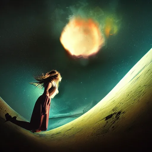 Prompt: a woman up there, concept art aesthetics, on fire, photoshop, colossal, creative and cool, giant, photo manipulation, planets, outer space, low angle, smoke, destruction