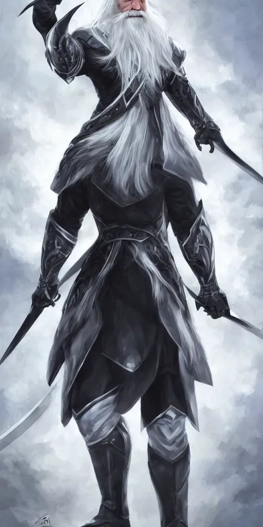 Image similar to an 8 0 year old man with long white hair and a white beard poses in his black armor and sword, art by artgerm